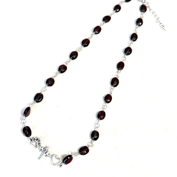 Genuine Garnet Short Necklace, Natural Gemstone w/ Paw Print Heart Beat Pendant - Picture 12 of 15